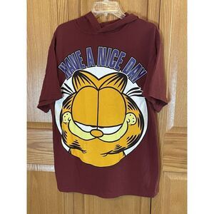 Vintage 1990's Sun Maroon Garfield Have a Nice Day Hooded Short Sleeve T-shirt